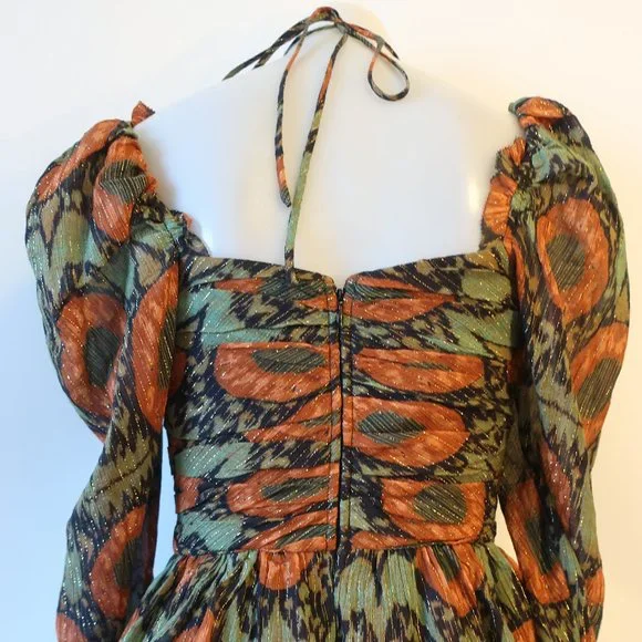 Womens Ulla Johnson Naiya Nocturne Black Green Gold Metallic Halter Dress 0 - Picture 13 of 16